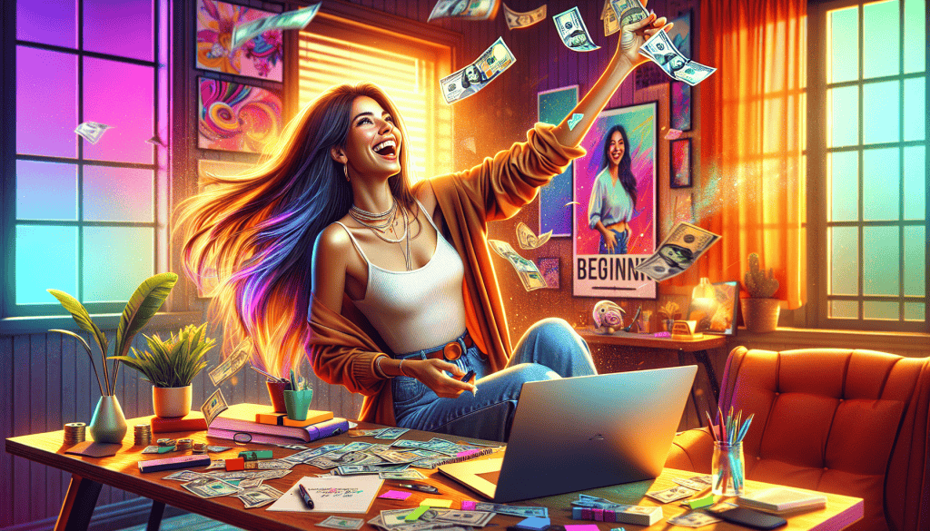 A photorealistic and vibrant image depicting a young woman in her early 20s, energetically throwing money around in celebration. She is in a bright and colorful home office setting, with a laptop open on the desk, scattered notes, and motivational posters on the walls that represent her journey as an affiliate marketer. The woman has a cheerful expression, sporting long, flowing hair and wearing trendy, casual clothing, embodying a sense of excitement and achievement after discovering a perfect affiliate program for beginners. The atmosphere is lively, filled with radiant colors that emphasize her joyous celebration.
